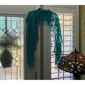 Beautiful Deep Teal Lace & Fringed Scarf or Light Wrap